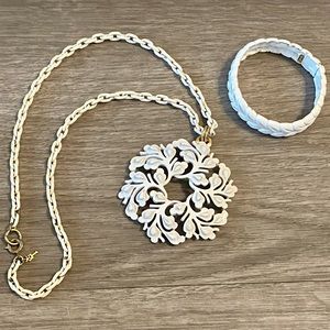 Retro Trifari White Enamel Necklace & Bracelet Set